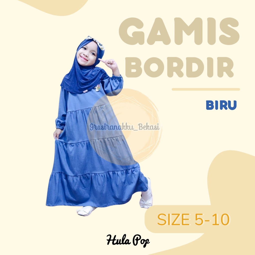 Gamis Kaos Anak Aplikasi Bordir Warna Biru Size 5-10Thn