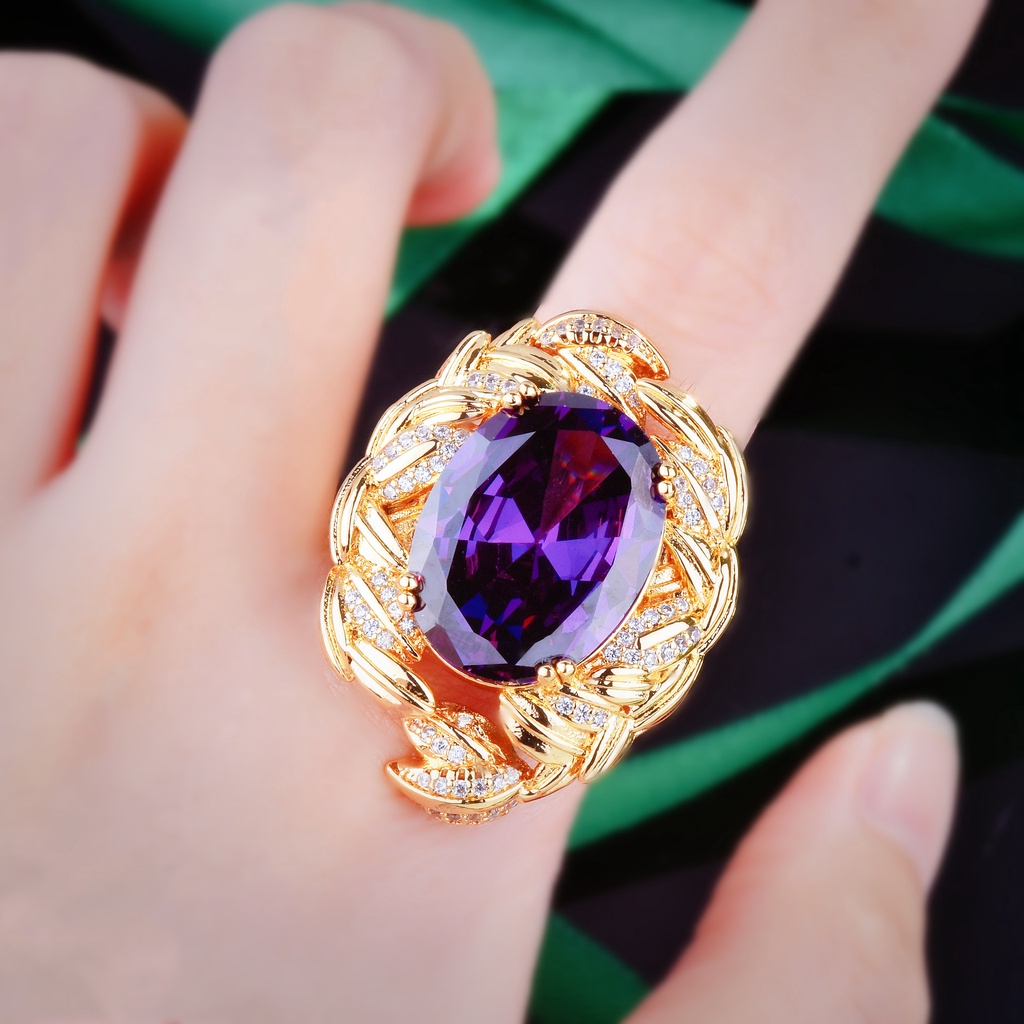 Goldkingdom Perhiasan Fashion 24K Bangkok Aksesoris Ready Stock Mitologi Yunani Cabang Zaitun Amethyst Set Berlian Ungu Kalung Anting Cincin