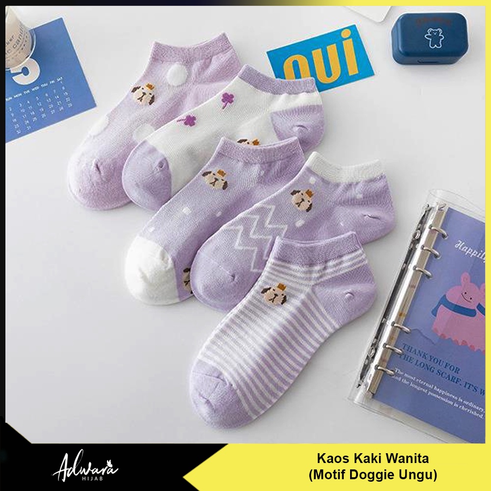 Kaos Kaki Wanita Pendek Semata Kaki Motif Doggie Ungu Gaya Fashion Korea