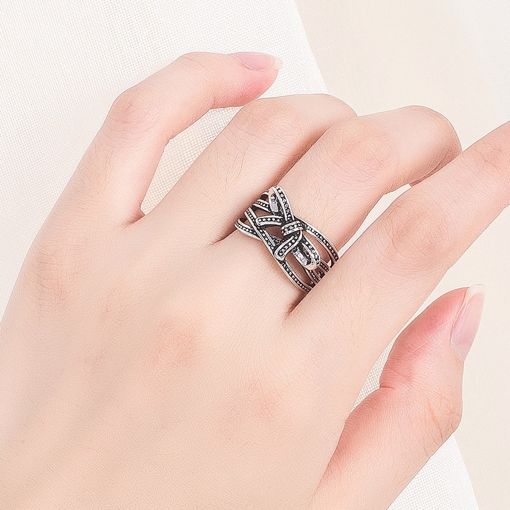 cincin perak 925 asli untuk wanita/Cincin yang Dapat Disesuaikan Busur Retro Perhiasan JZ00073