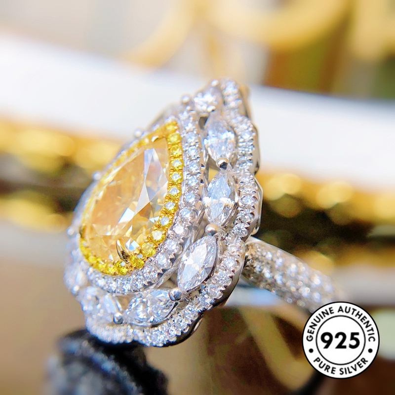 Cincin Sterling Silver 925 Model Water Drop Aksen Berlian Warna Kuning