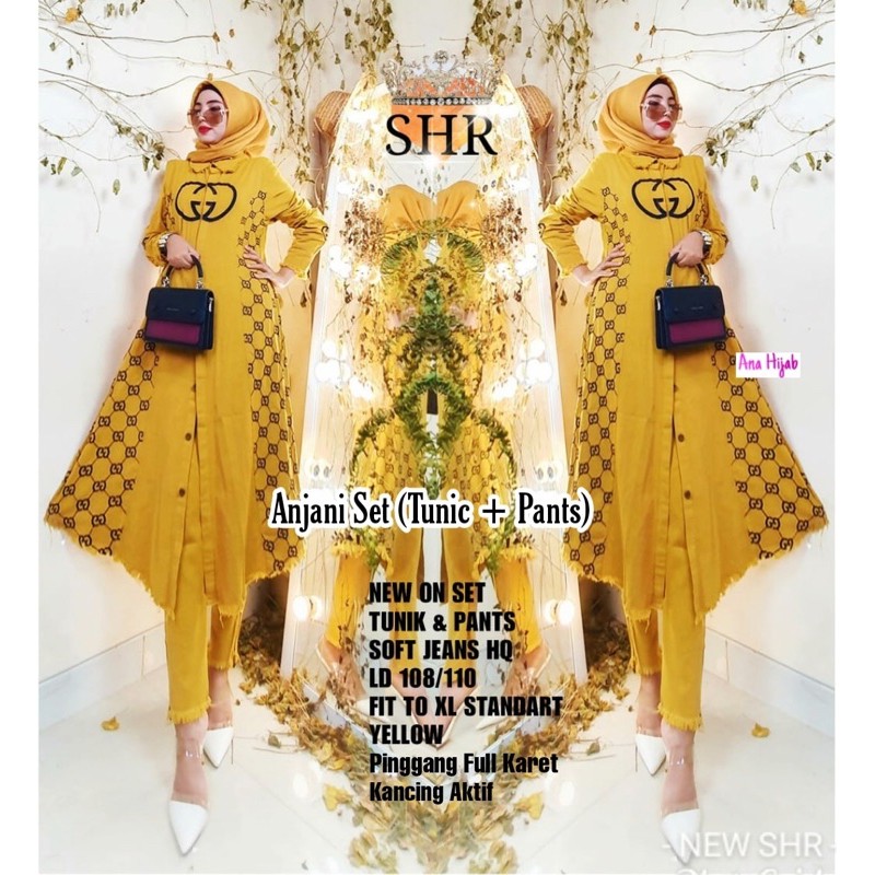 Anjani SHR Set Tunik dan Celana, Bahan Soft Jeans, Pinggang Full Karet, All Size Anahij