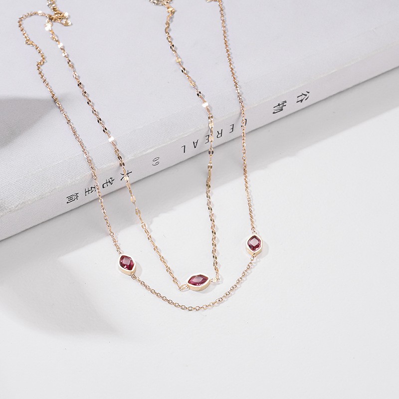 Kalung dua layer baru zircon merah Titanium Korea Style Wanita Anti Karat - ercassia