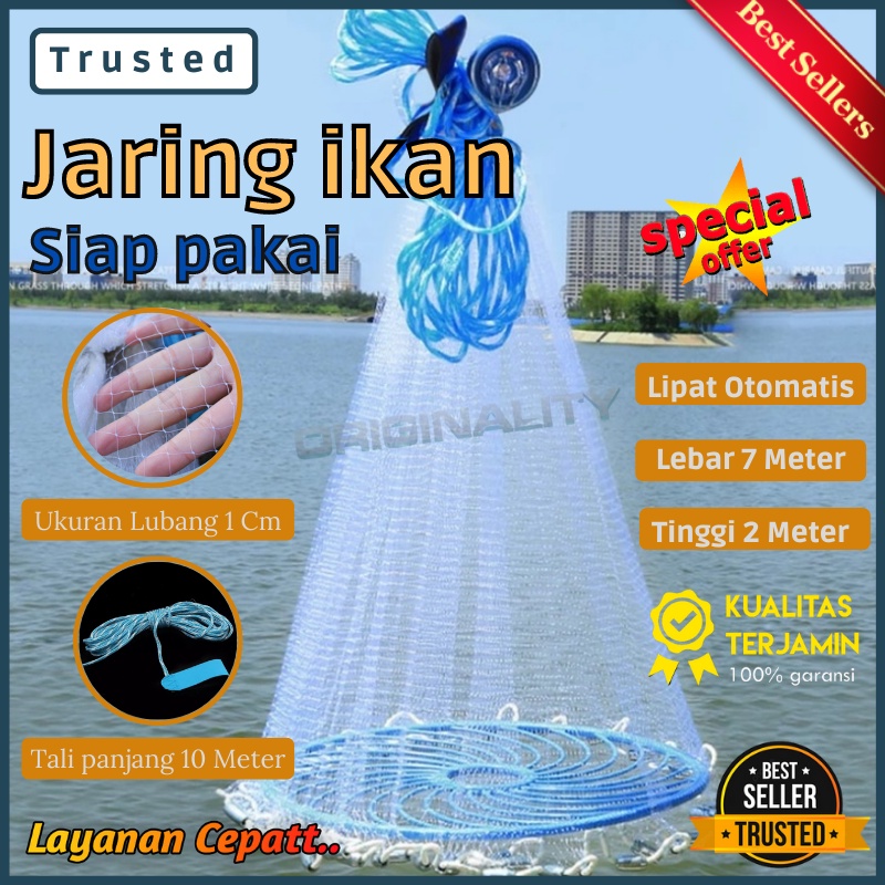 Jaring ikan siap pakai / Jaring ikan lempar ukuran lebar 7 METER / Jaring ikan lempar ukuran lubang 1 CM / Kecrik ikan Besar / Jala ikan udang kepiting / Jaring ikan lipat otomatis