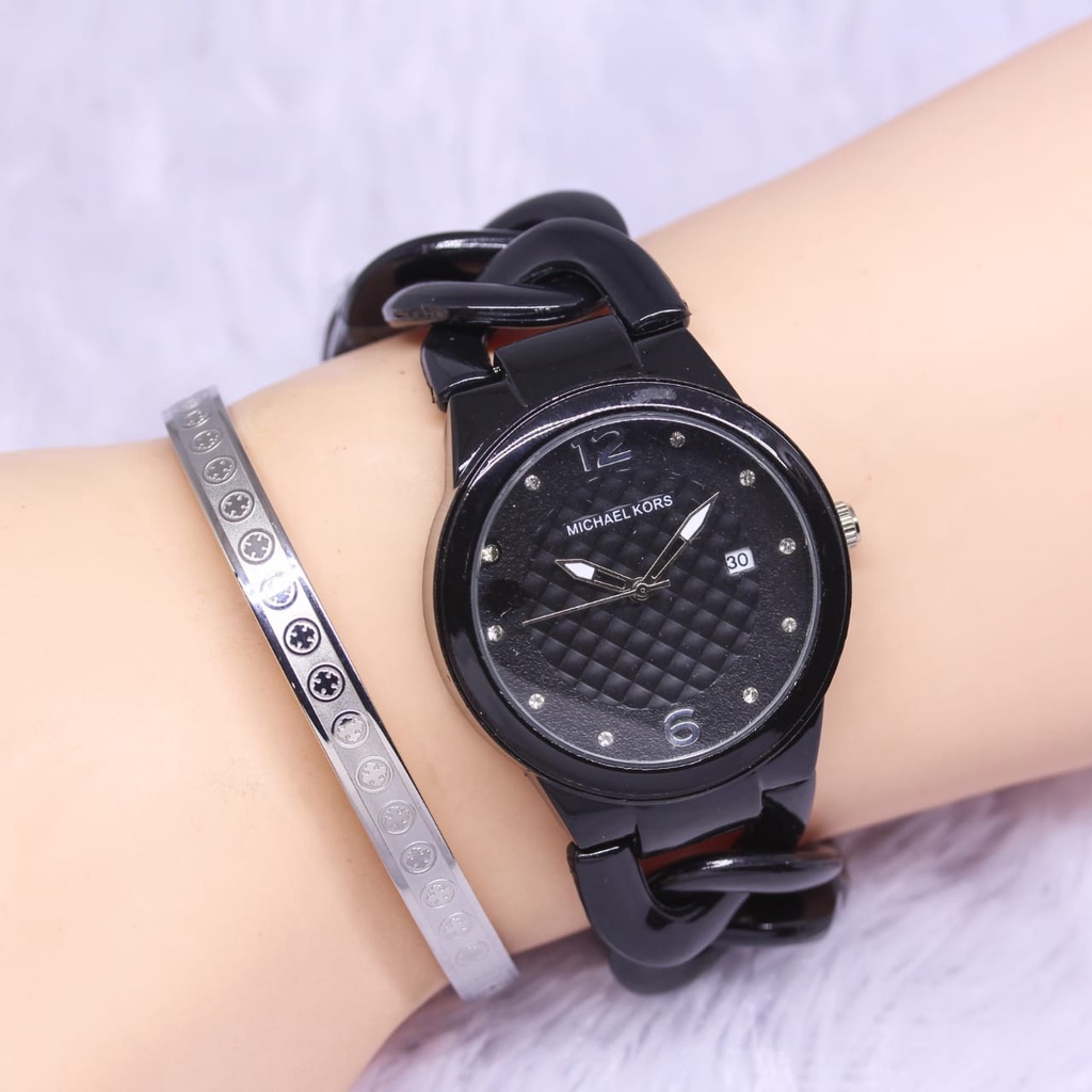 Jam Tangan Wanita Fashion E4903V Tali Rantai Mika Kepang Tanggal Aktif Free Box Gelang &amp; Baterai