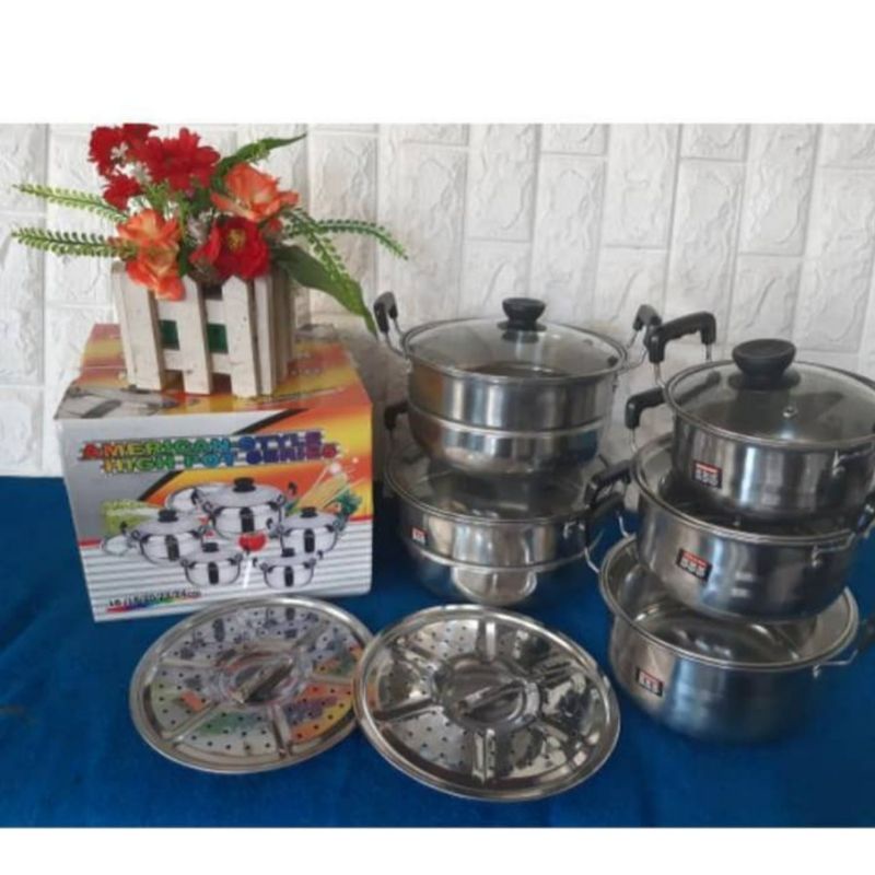 Panci set susun staenlis set isi 5/panci american style tutup kaca