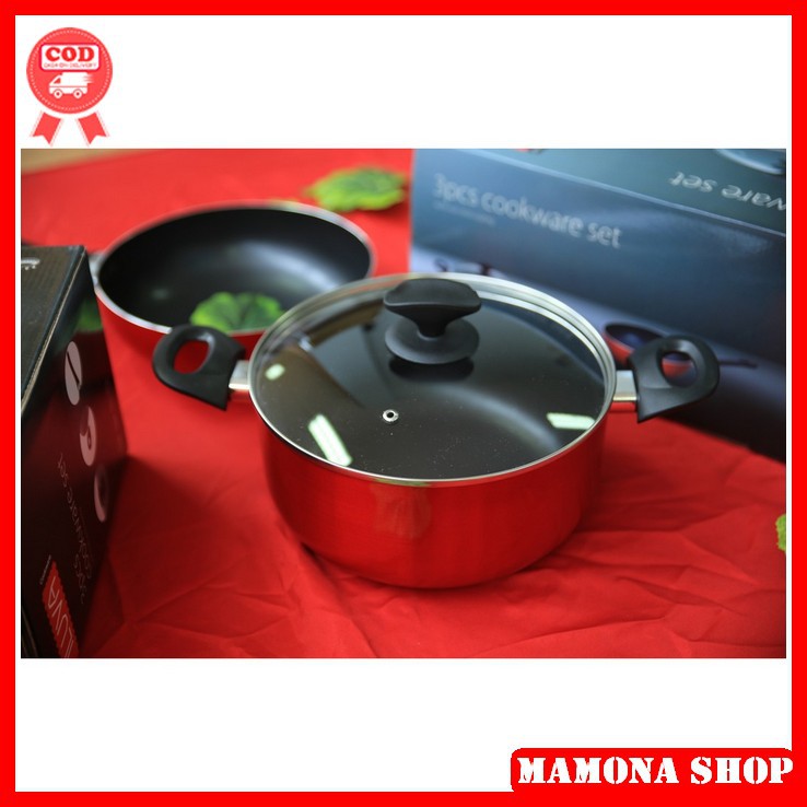 WAJAN & PANCI TEFLON KERAMIK SET 24CM 3 PCS ANTI LENGKET ELEGAN MURAH BERKUALITAS COOKWARE SET ILUVA