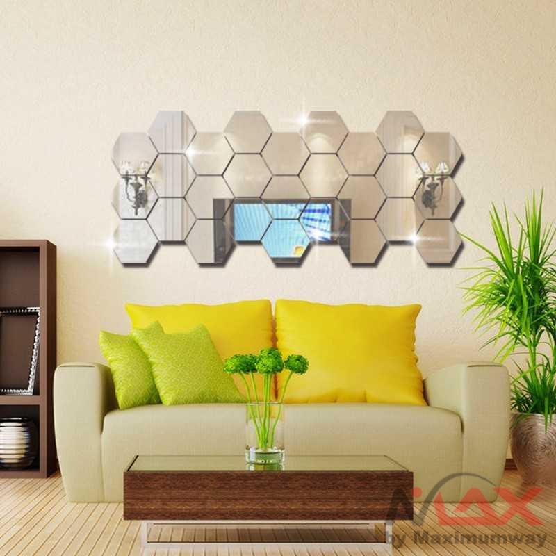 Cermin dinding Dekorasi Rumah Sticker Kaca cermin ruang tamu minimalis modern Dekorasi Dinding Hexagon Mirror Acrylic 7PCS Warna Silver dinding rumah minimalis modern untuk ruang tamu kamar mandi bathroom ruang keluarga kantor cafe toko