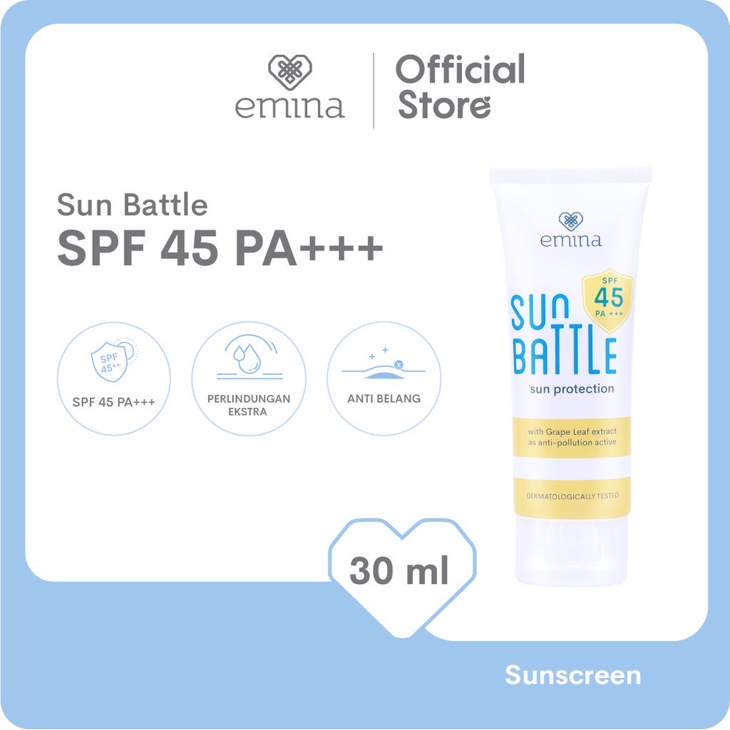 EMINA Sun Battle Sun Protection SPF 45 PA+++ Indonesia / Sunscreen Wajah 30ml / Sunblock Sunblok Tabir Surya UV UVA UVB Anti Blue Light Protector Protect Pelindung Sinar Matahari Kulit Tubuh / Gel Serum Stick Cream Lotion Skincare Face Care Series Battle