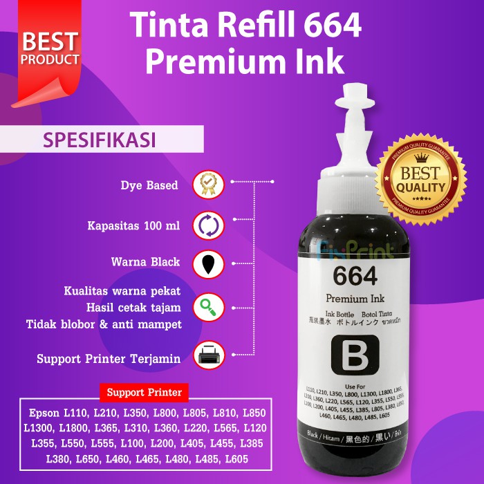 Tinta Premium Epson 664 100ml Pengganti Original L110 L120 L210 L220 L300 L310 L350 L360 L550 L565