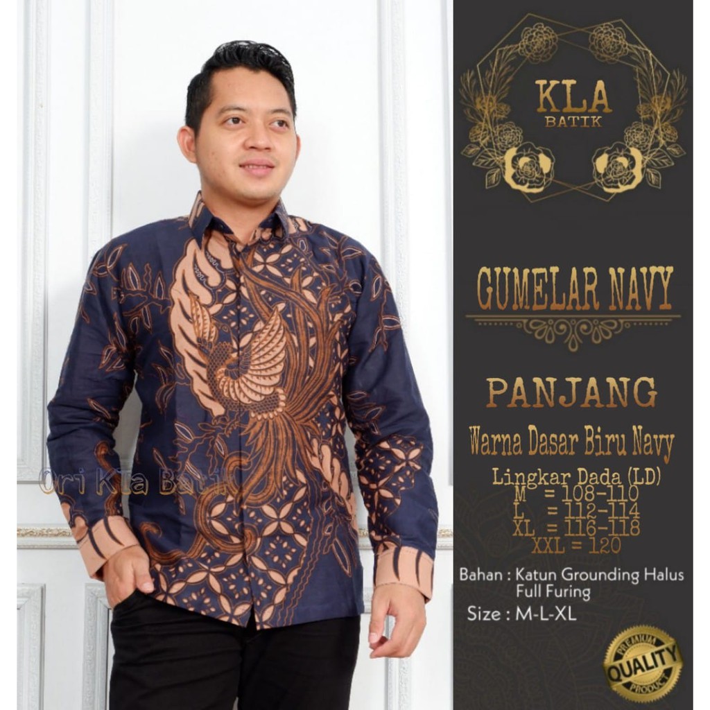 Gumelar Navy Baju Batik  Pria Dewasa Lengan Panjang Terbaru Baju Batik Modern Ori Solo Batik Murah T