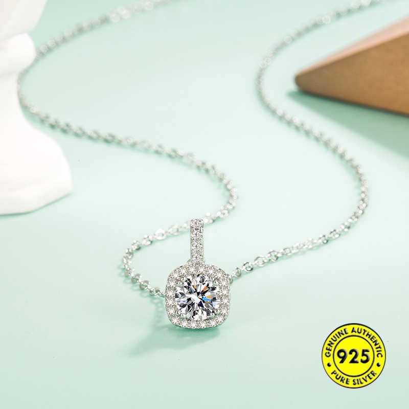 Kalung Rantai Sterling Silver 925 Dengan Liontin Batu Zircon Kotak Untuk Wanita