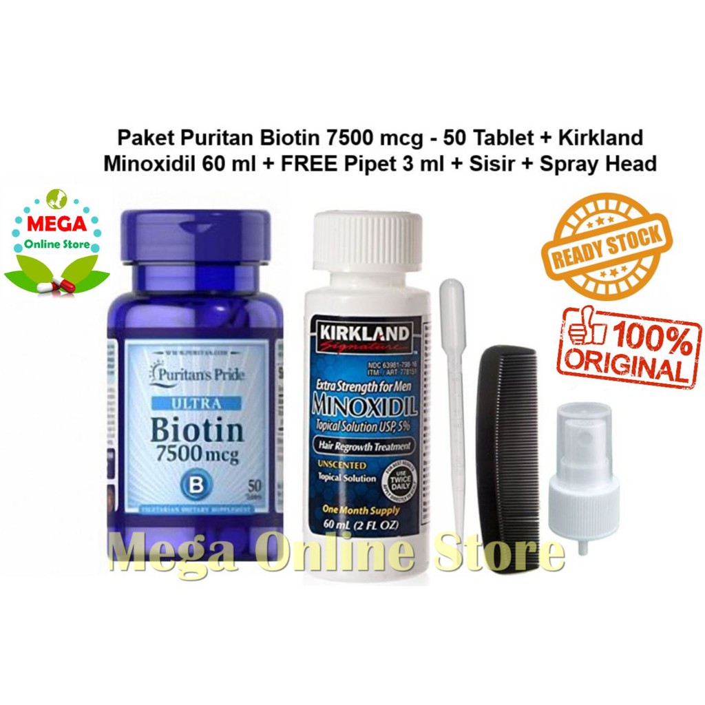 Paket Kirkland Minoxidil 60ml + Puritan Biotin 7500 mcg - 50 Tablet