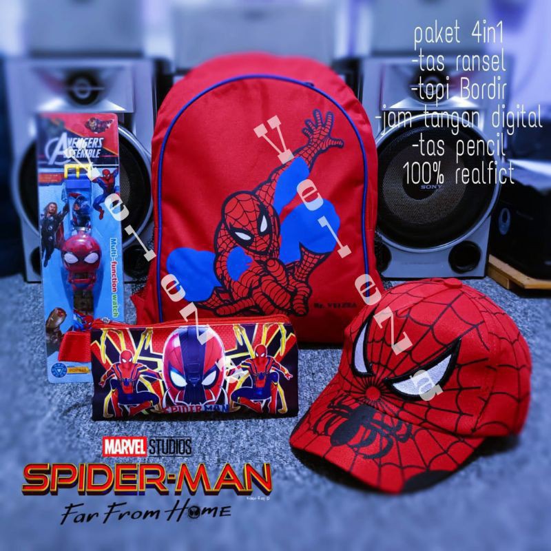 Tas ransel anak laki-laki karakter spiderman 4in1 - Ransel + Topi + Jam + Tempat Pinsil