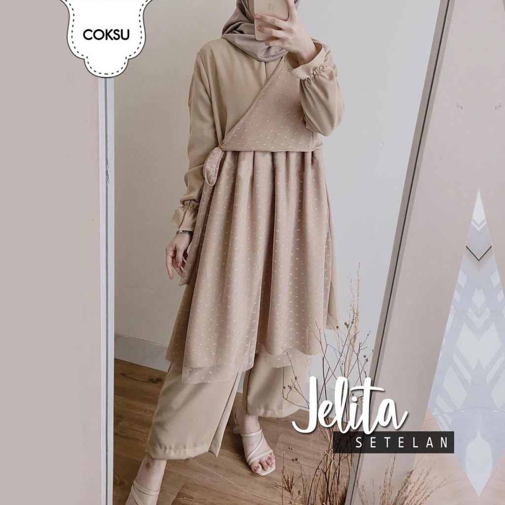 Fashion Wanita Remaja Setelan Baju Tunik Celana Panjang Cewek Terbaru Set Jelita Muscrepe Kombi Tile