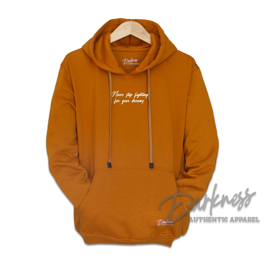 Sweater  hoodie pria terbaru 2022 warna mustard Never Stop Fighting  keren gaya  Drakness original suiter dewasa laki laki sweter hoodie wanita jombo terbaru big size M L XL XXL