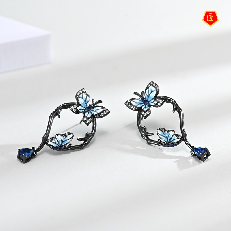 [Ready Stock]Three Butterfly Black Gold Ring Creative Elegant Ear Studs Suit for Women