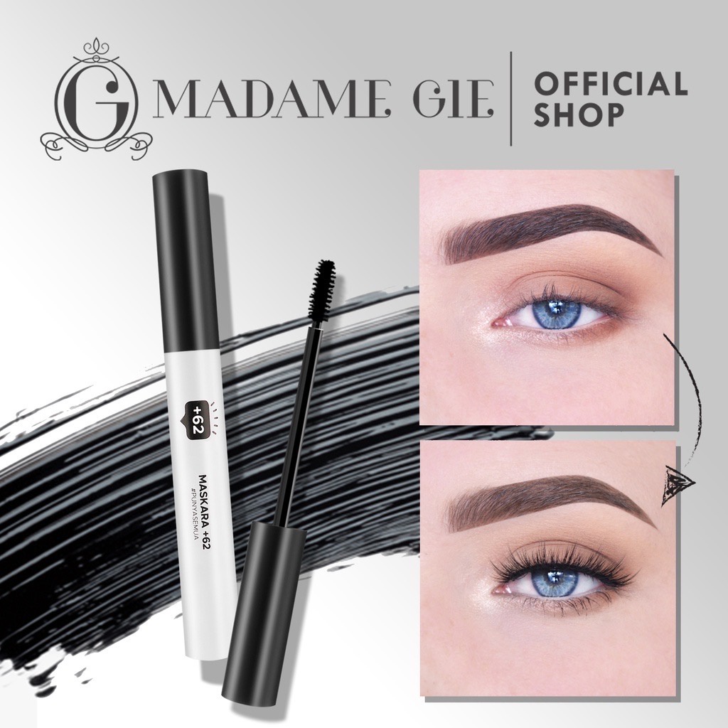 MADAME GIE Maskara +62 Indonesia / Maskara 10g / Smudgeproof Waterproof Pigmented Long Lasting Curly Curl Lock / Anti Air Tahan Lama / Black Clear Fibre Color / Warna Hitam Tranparan / Bulu Mata Lentik Natural / Makeup Cosmetic Kosmetik Face Eye Make Up