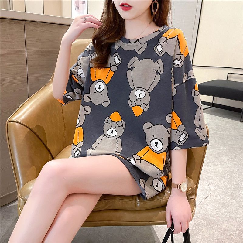THISTLE - Oversize Tee Tshirt Wanita Model Longgar Motif Bear Topi Oren Full Print