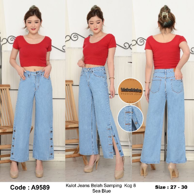 celana kulat jeans wanita kancing samping/kulat kancing belah samping