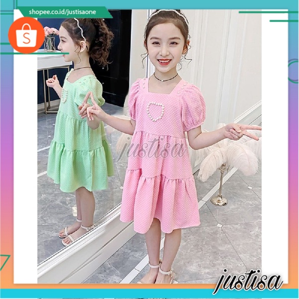 Promo !! dress trendy anak perempuan  - dress pearl love shoulder colour import uk 3-8thn