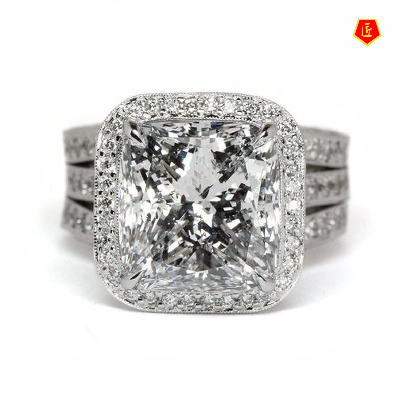 [Ready Stock]Inlaid Topaz Square Diamond Ring 925 Silver Luxury Fashion