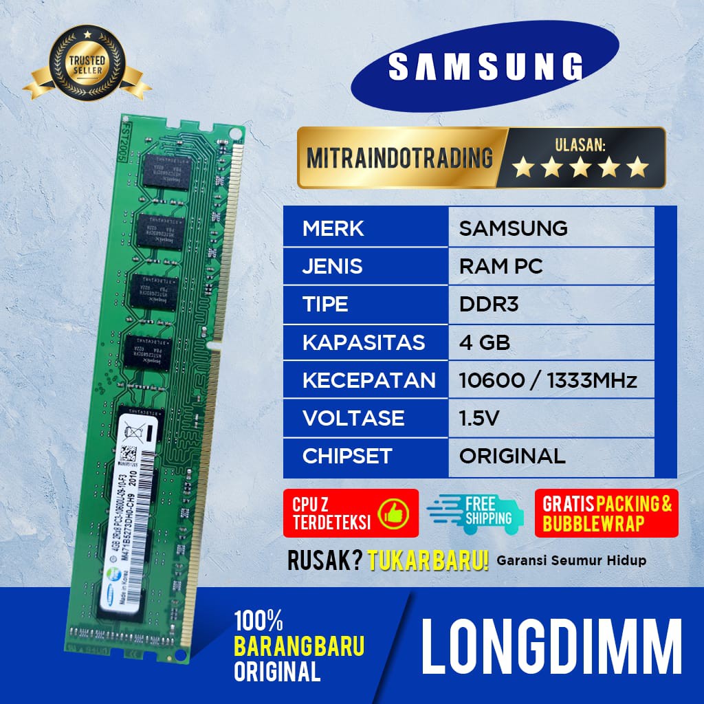 RAM SAMSUNG LONGDIMM DDR3 4GB PC 10600 / 1333 BERGARANSI