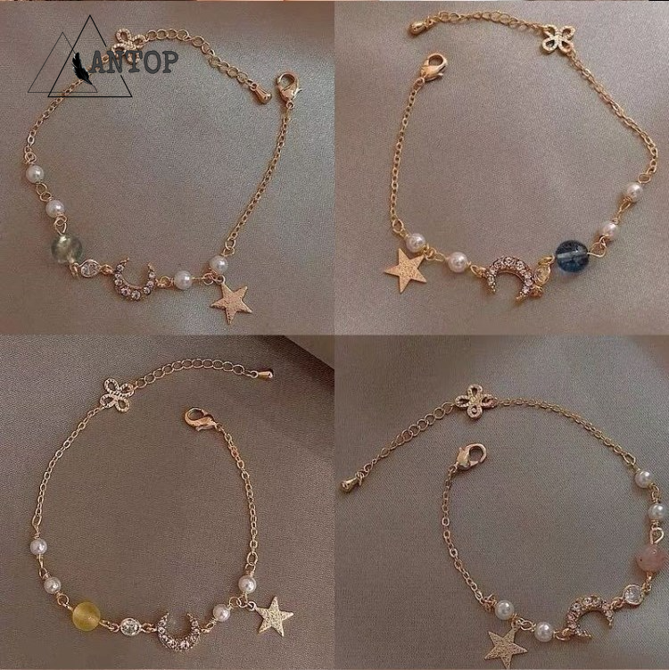 Gelang Liontin Bintang Dan Bulan Gaya Gelang Bangle Mutiara Aksen Pita Gaya Korea Untuk Wanita Women Jewelry Accessories Gifts ANTOP