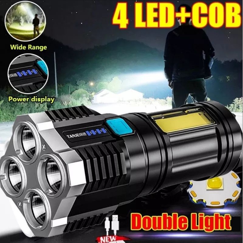 Senter 4 LED Super Terang + COB Ada Indikator Rechargeable Water Anti Air 4 Mode Wajib Punya