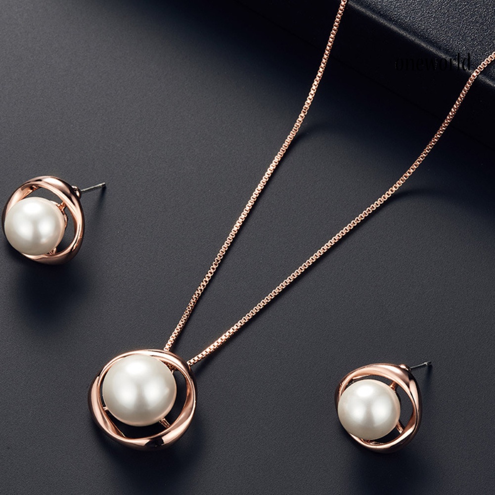 OW@ Women Faux Pearl Round Pendant Necklace Stud Earrings Wedding Party Jewelry Set