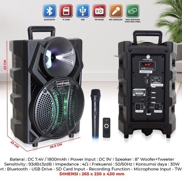 Speaker Aktif Portable Advance K883 8 inch Bluetooth Mic Wireless BERGARANSI RESMI 1 TAHUN MANTAP