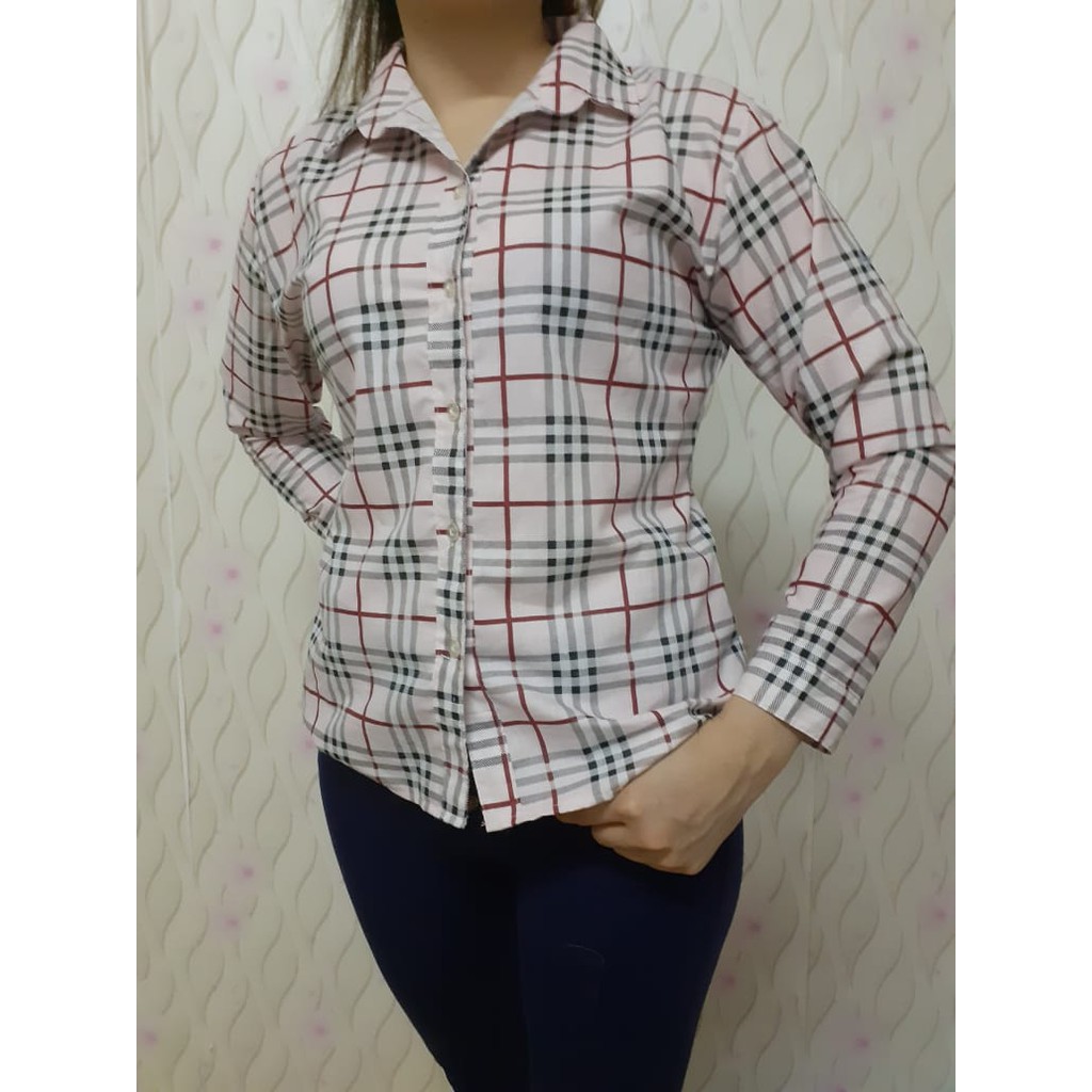westylis Kemeja Wanita Kotak / Kemeja Burbery Wanita Lengan Panjang 2W / Size L Fit XL /Kemeja Pesta-HEM PINK L