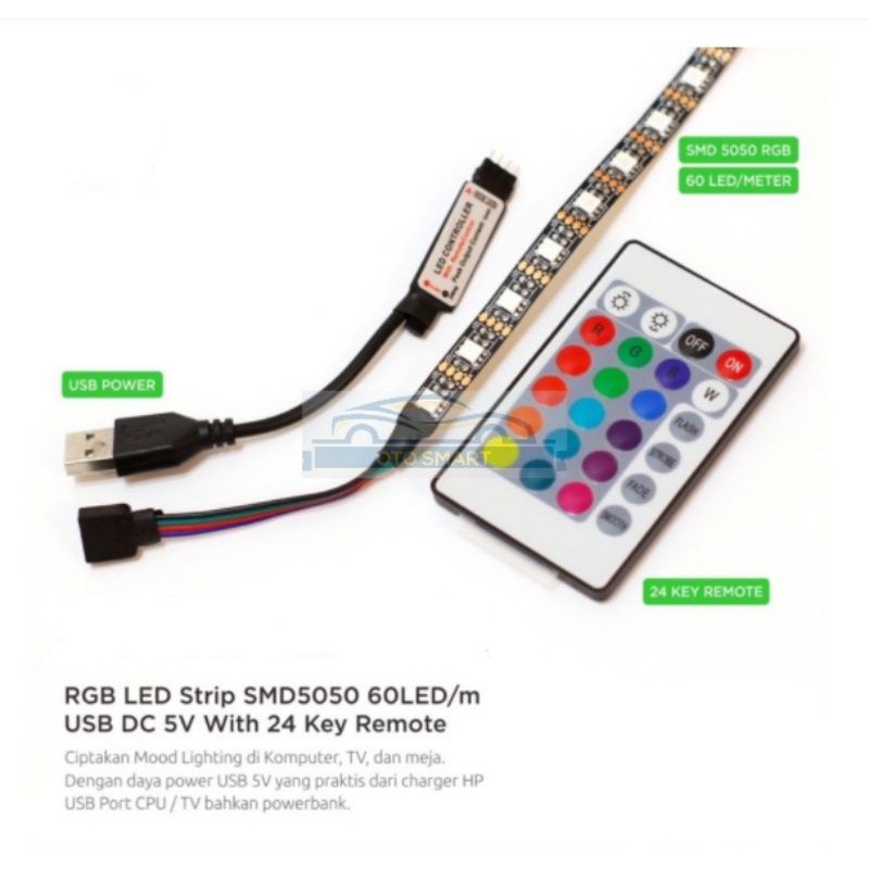 LAMPU LED STRIP USB 5V  5050 60SMD+REMOT RGB UNTUK DEKORASI RUMAH /MOBIL /KOMPUTER/TV/ 2M 3M 5M