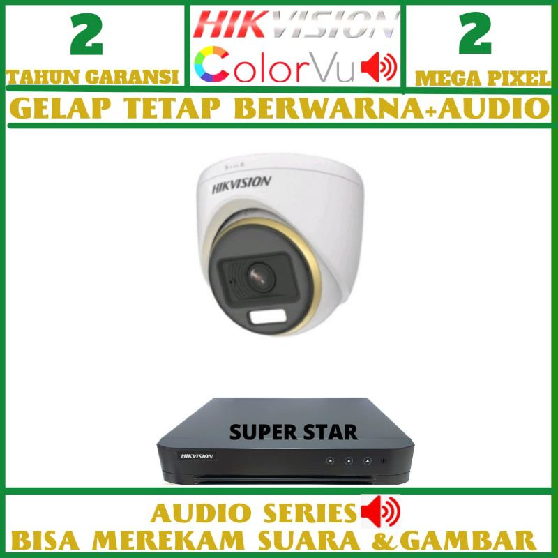 PAKET CCTV HIKVISION COLOR VU 4 CHANNEL 1 KAMERA 2MP AUDIO SERIES 24 JAM BERWARNA