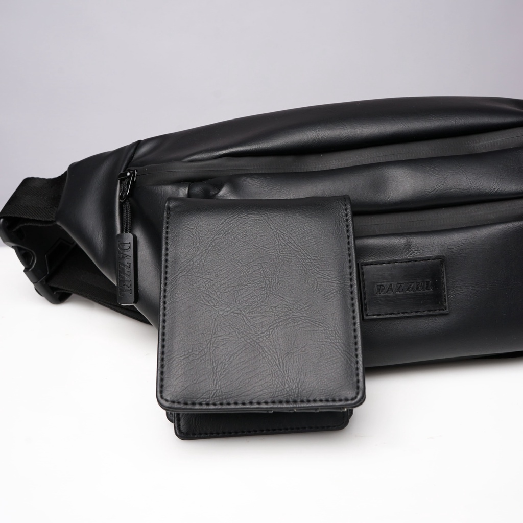 DAZZEL - PAKET BUNDLING BLACK - NARA WAISTBAG + BLAZE DOMPET - Tas Slempang Pria Hadiah Gift Kado Cowok