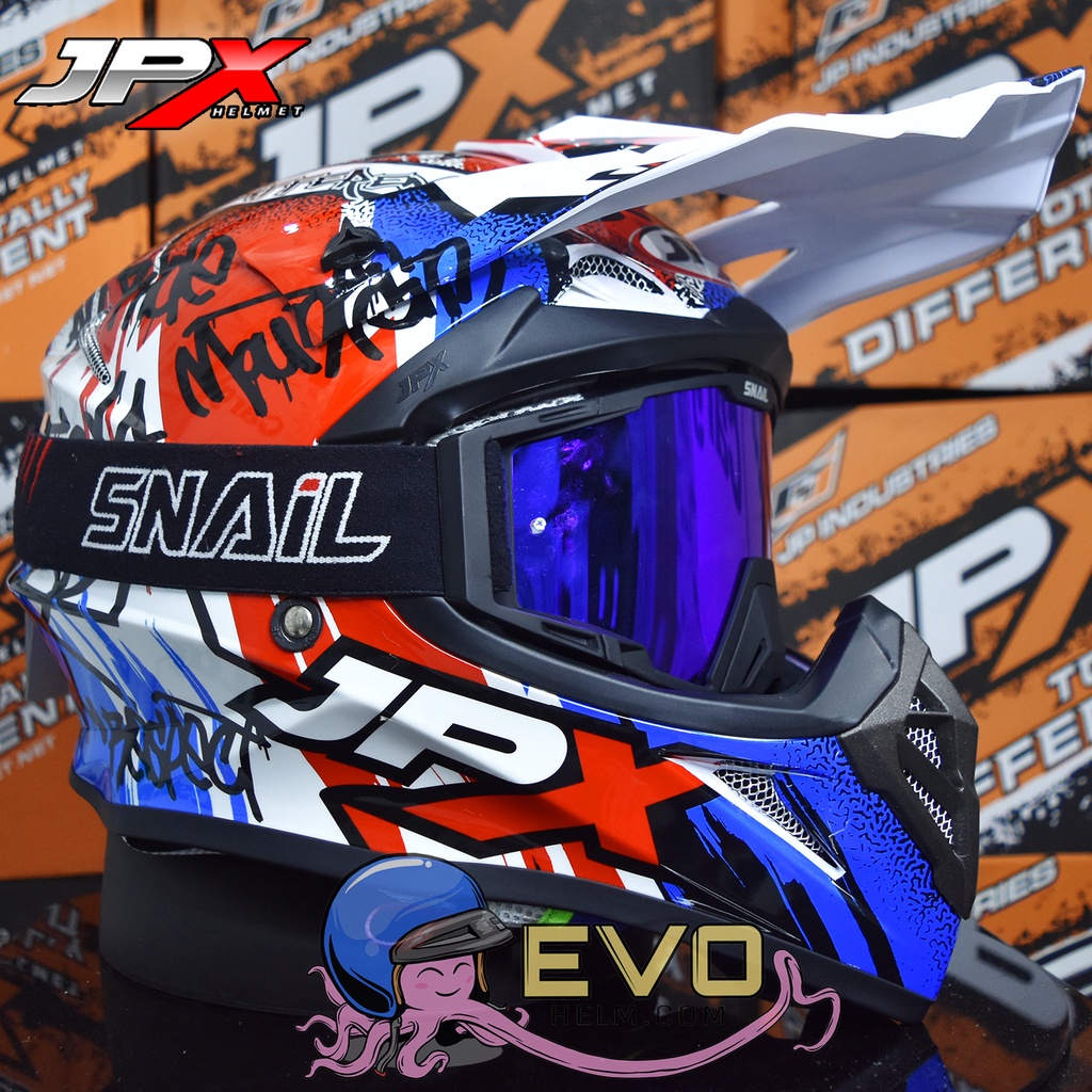 HELM JPX CROSS_FOX1 SERI X6 - PEARL WHITE / BLUE + GOOGLE SNAIL (ONGKIR 2 KG) HELM JPX X6 WHITE ORIGINAL HELM TRAIL HELM KLX JPX SUPERCROSS HELM ADVENTURE JPX X6 RESPECT MOTIF TERBARU JPX HELM JPX TERBARU