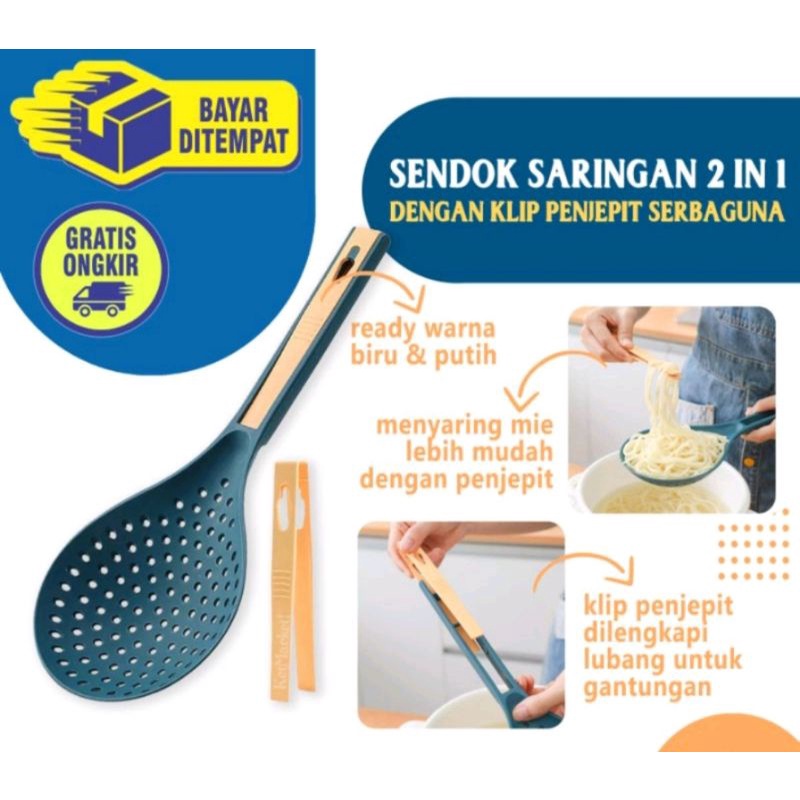 SENDOK SARINGAN JUMBO PENIRIS 2 IN 1 + PENJEPIT MIE SAYURAN BERKUALITAS