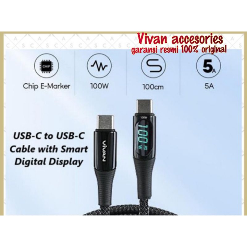 Vivan VCC100 USB-C to USB-C Quick Charge Cable Smart Digital Display