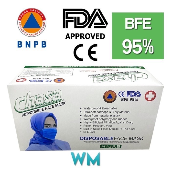 Grosir Masker 3 Ply Chasa Earloop dan Hijab Isi 50 Pcs 1Box-chasa biru Kemenkes