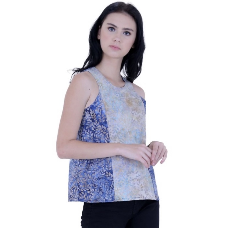 Blouse Rianty batik eviana in blue | preloved atasan batik branded biru corak cantik tank top sleeve