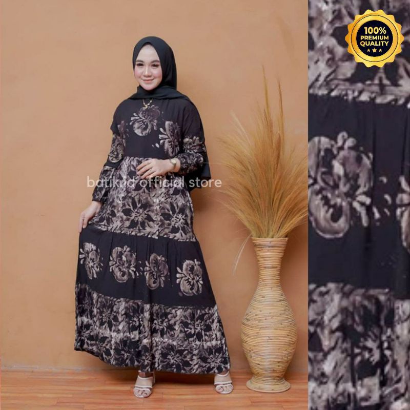 Gamis Twill Rayon Malaman Terbaru Kekinian Busui | Gamis Tiedye NEW-BLACK BUNGA