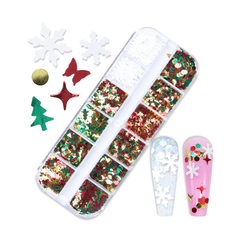 Zzz 12 Sekat / Kotak Payet Glitter Motif Snowflake Natal Untuk Dekorasi Nail Art / Manicure / Salon