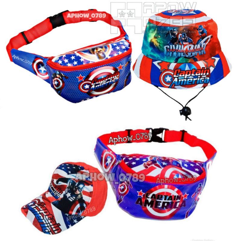 paket 2in1 tas slempang dan topi bucket capatain america anak full printing waistbag anak topi anak laki laki