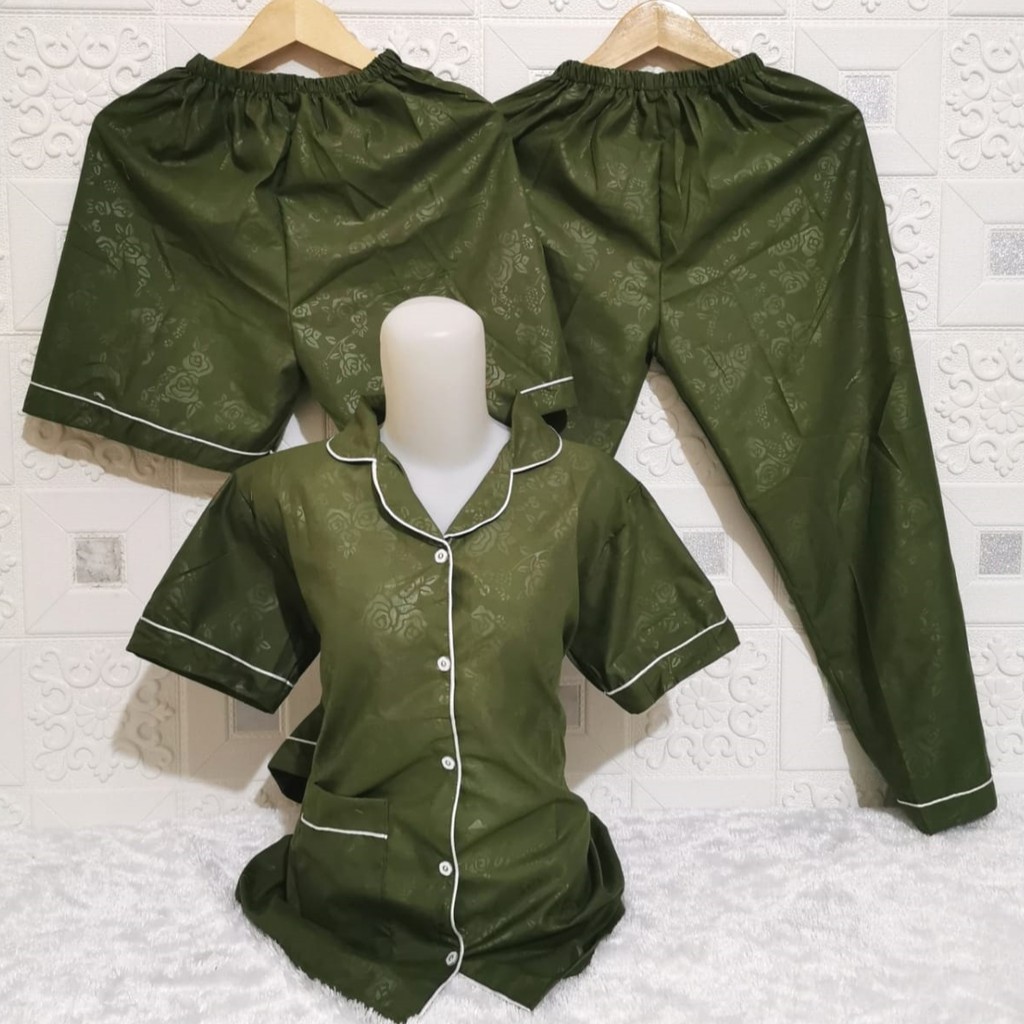 ISANNY PIYAMA SET 3IN1 SIZE.XL/PIYAMA SATIN EMBOS 3 IN 1/WARNA TERBANYAK/READY STOK/REAL PICT-HIJAU ARMY