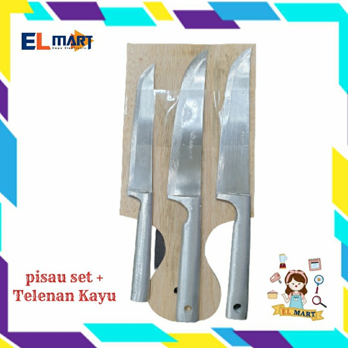 Pisau Set Telenan 4 in 1 Stainless plus Telenan Kayu Murah Awet PST01