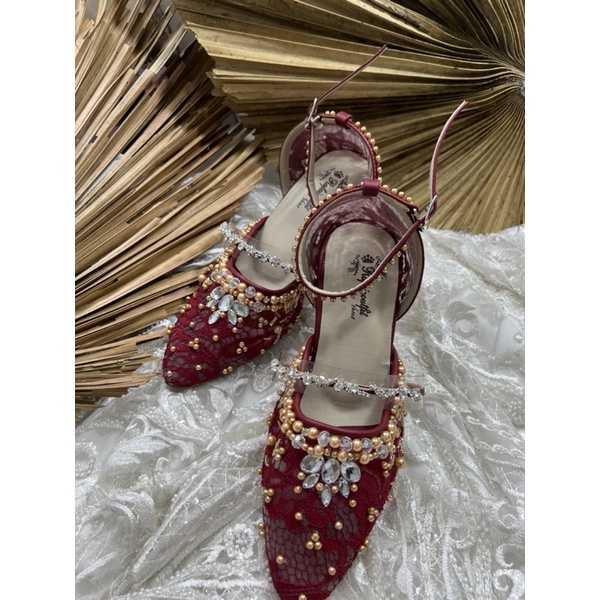 sepatu wanita Zaneta merah marron payet gold tali 7cm kaca