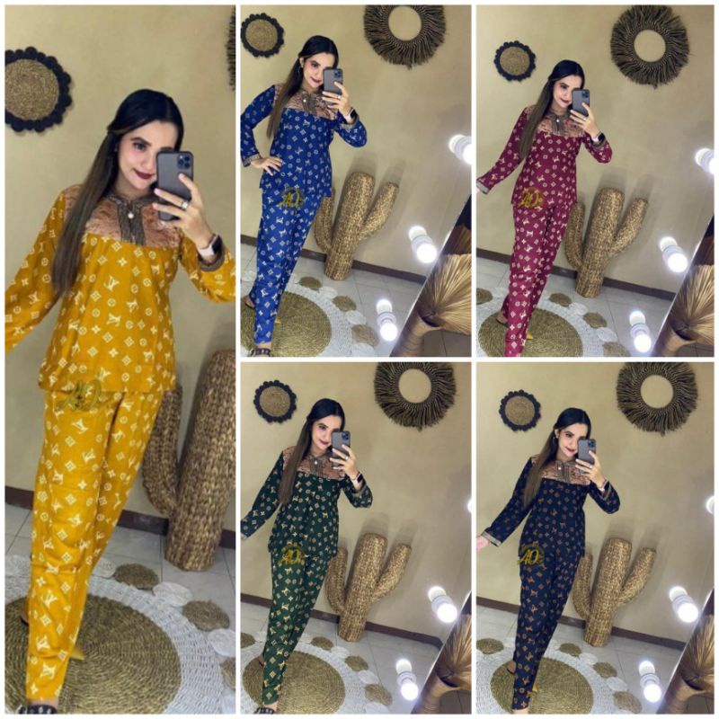 setelan cp rayon piyama arab renda motif lv lengan panjang dewasa jumbo ld 110 celana panjang