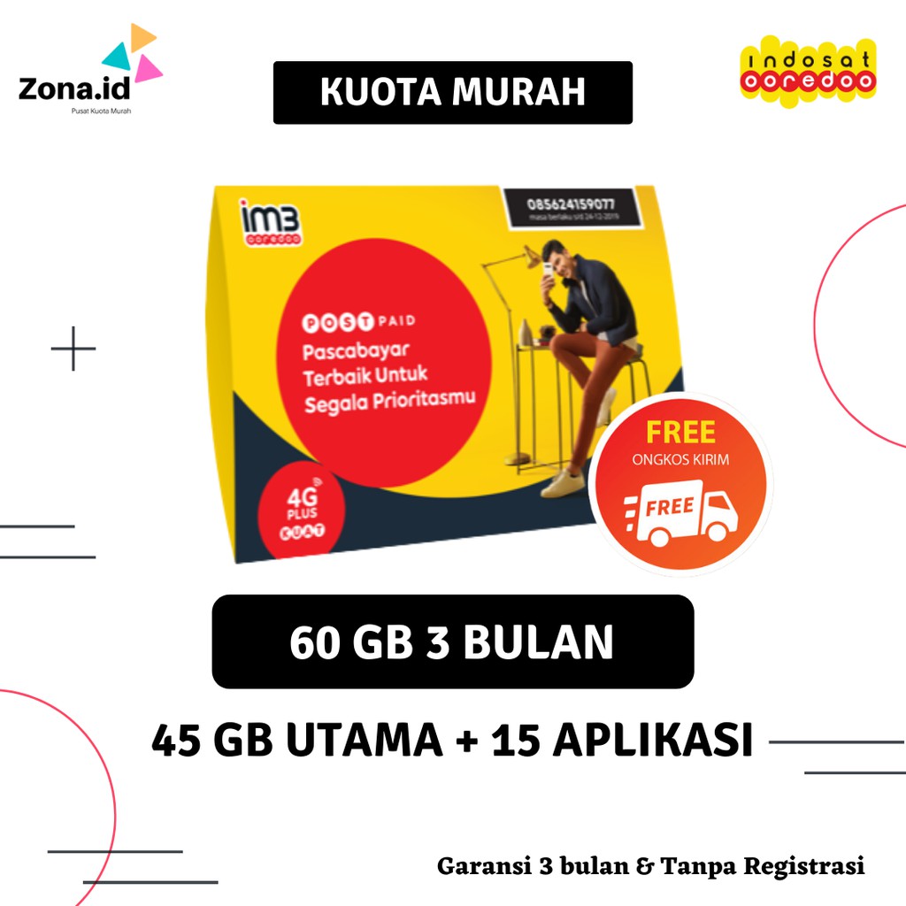 (PROMO)KUOTA INDOSAT 60 GB 3 BULAN,KARTU PERDANA TANPA REGISTRASI,KUOTA MURAH,FULL 24 JAM,GARANSI