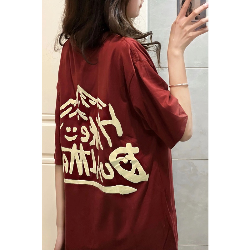 【 Penawaran Istimewa 】Kaos Atasan Wanita Wine Red Premium / Import Fashion T-shirt Tee / Kerah Bulat Baru Original Baju Atasan Wanita