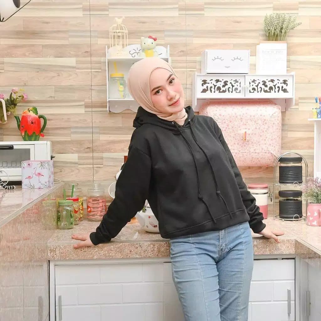 HOODIE CROOPE WANITA SWEATER POLOS OVER SIZE TERBARU-hitam